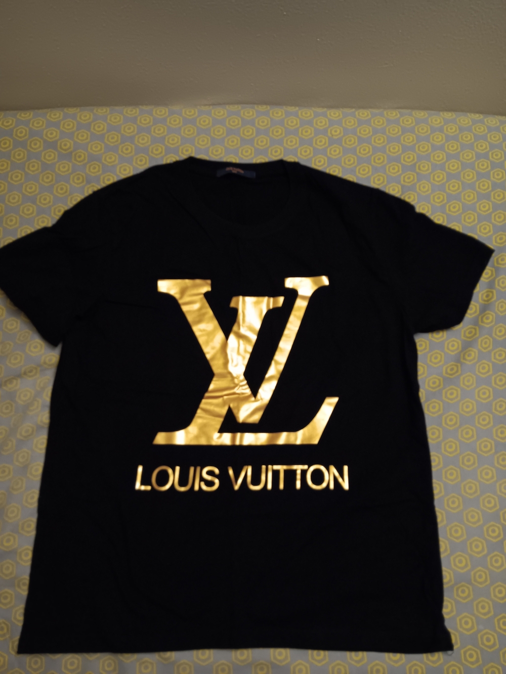 Louis Vuitton Black Tee with Gold LV Logo